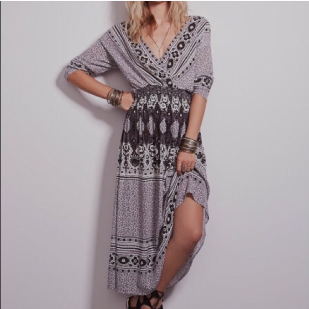 Free People She’s A Lady Dress Black Grey Midi Bohemian Gray